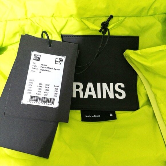 NWT Rains Padded Nylon Jacket S Digital Lime Waterproof Unisex Neon Insulated - Picture 4 of 16